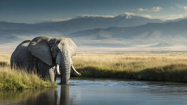 Elephant drinks from water beside rolling hills under blue sky &ndash; photo of savannah view left side
