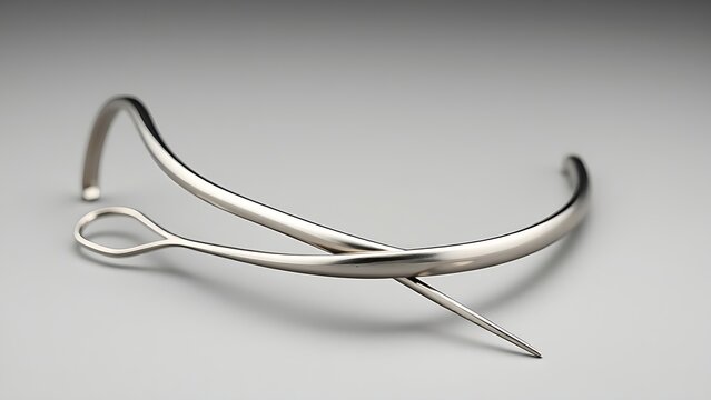 shortcoming. A stainless steel dental facebow isolated on a neutral background. STEM education sheets, lab safety posters, designed for biotech research communications, used by nutritionists.