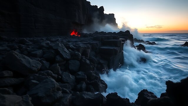 meson. Lava meeting ocean, forming black volcanic rock with rising steam at sunset. inspiring travel planning, travel magazines, designed for travel destination branding, used by nutritionists.