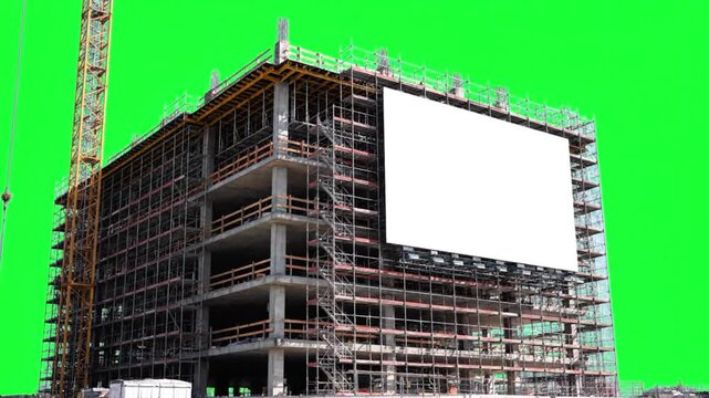 Construction site footage of a building with scaffolding and a crane