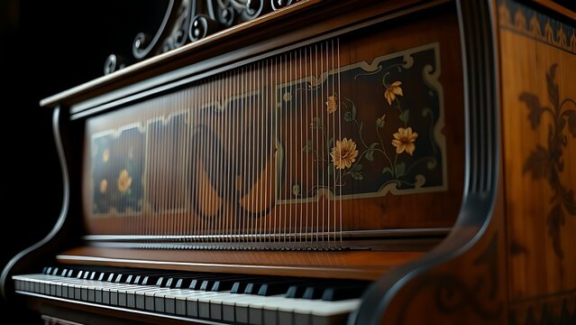 harpsichord. Side view of an antique harpsichord with ornate painted soundboard and floral motifs. event programs, museum guides, designed for cultural heritage projects and event programs.