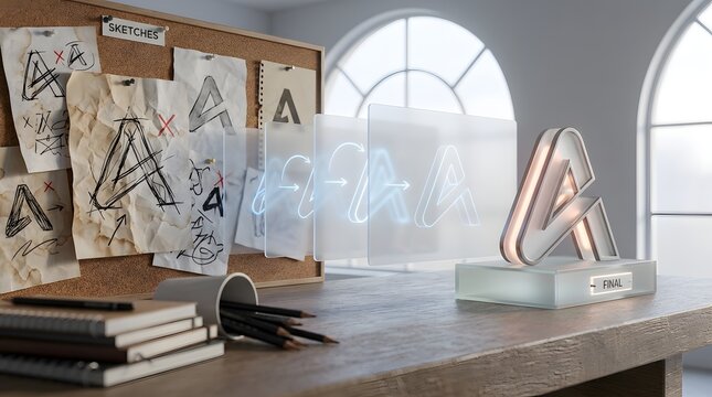 One chosen logo among crossed sketches