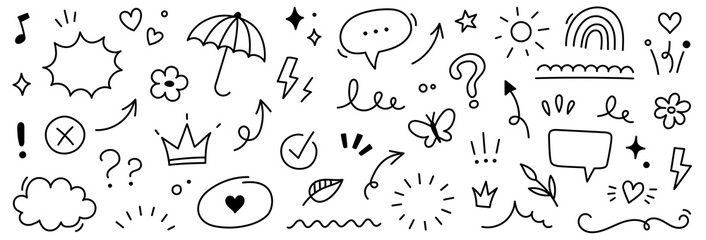 Icon cute background hand pattern drawn line flower kid element crayon. Background icon cute star child heart children cloud sketch summer cartoon school chalk text sticker paint play arrow sun color. © Максим Зайков