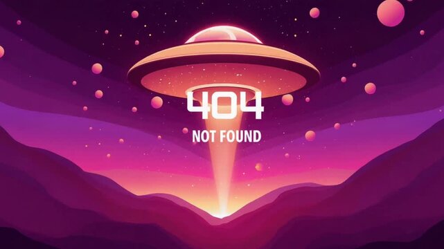 Retro sci-fi space art background with an error 404 not found message from a UFO - Whimsical UFO illustration in space beaming down a 404 not found error message