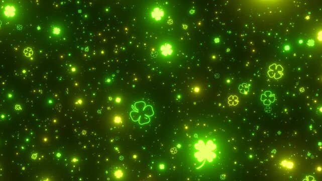 Fly Through Green Lucky Saint Patricks Day Four Leaf Clovers Sparkle - 4K Seamless VJ Loop Motion Background Animation