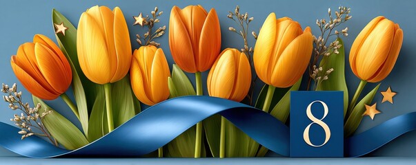 Fototapeta premium Yellow tulips with blue ribbon and number 8 card for spring celebration or women's day