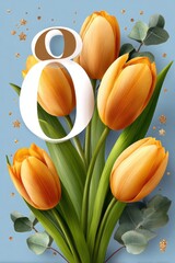Fototapeta premium Yellow tulip bouquet with decorative number eight on blue background for spring celebration