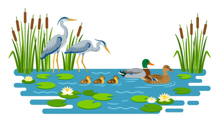 A serene wetland scene featuring herons ducks and ducklings © SHANTI