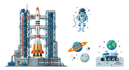 Space exploration scene featuring a rocket launch astronaut and planetary bodies © SHANTI