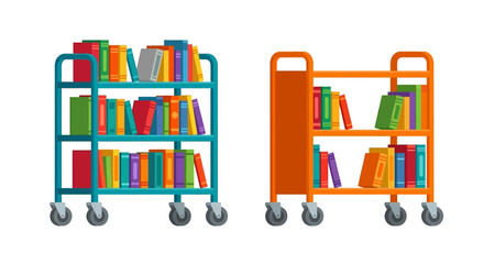 Colorful library book carts with various books on multiple shelves © SHANTI