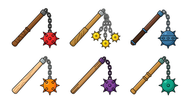 Cartoon illustration of various medieval flails with spiked and star heads
