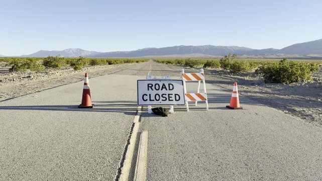 Road Closed Barricade on Desert Highway Panamint Springs