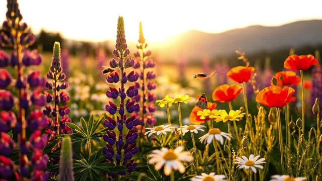 Sunset footage of a vibrant field with lupine, poppies, daisies, flowers, and plants
