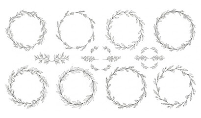 Obraz premium Elegant hand drawn floral wreath border set with minimalist botanical branches and wedding greenery illustration