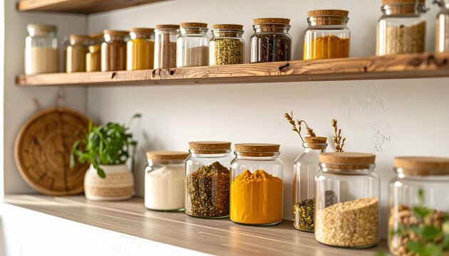 Neatly Organized Kitchen Pantry Shelves Filled with Jars of Spices and Grains.
