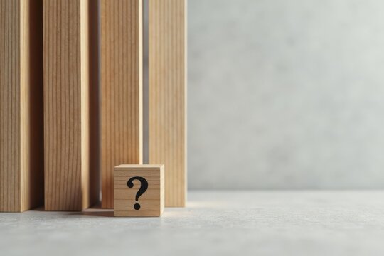Uncertain Future A Wooden Block with a Question Mark Rests Before a Wall of Vertical Wooden Planks, Representing Enigma and Uncertainty