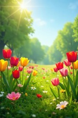 Obraz premium Vibrant Spring Meadow Displaying Colorful Tulips and Wildflowers Basking in the Warm Sunshine of a Sunny Day