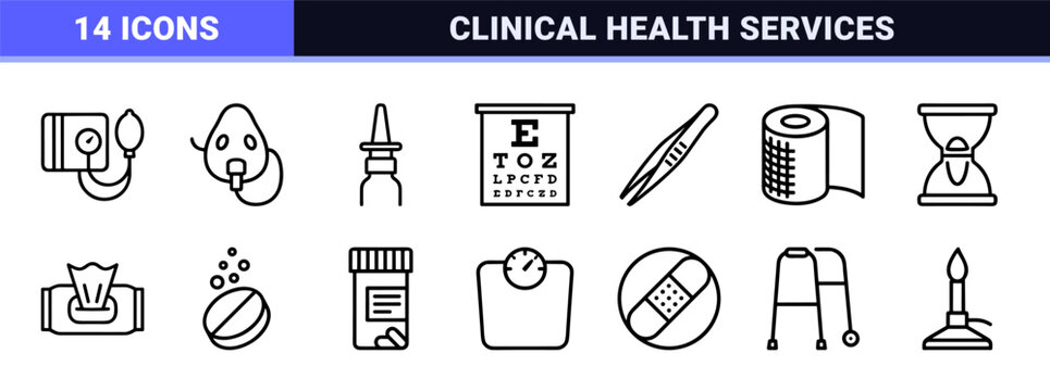 Pharmaceutical Medical Supplies and Healthcare Symbols in Minimalist Geometric Monoline Style for Clinical and Laboratory Database Design