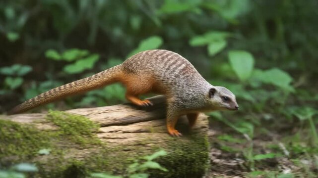 Banded mongoose walking on mossy log in lush green forest