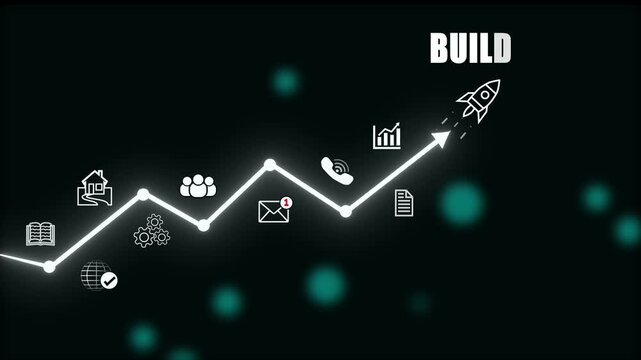 Business growth chart with icons representing home, people, gears, book, globe, email, and phone graph