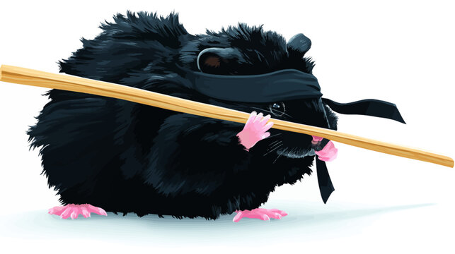 A cartoon image of a black hamster wearing a blindfold and holding a wooden stick