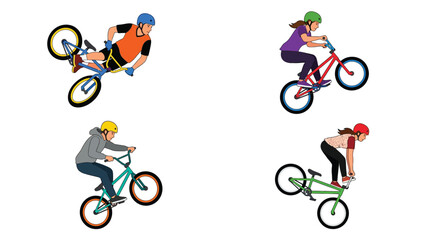 Obraz premium Colorful illustration of people riding bicycles and performing stunts
