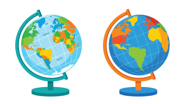 Two colorful cartoon globes depicting earth with detailed continents