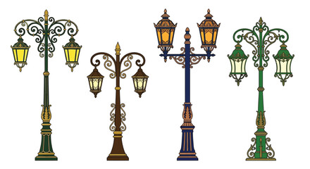 An assortment of ornate vintage street lamps with varying designs and colors © vectors home