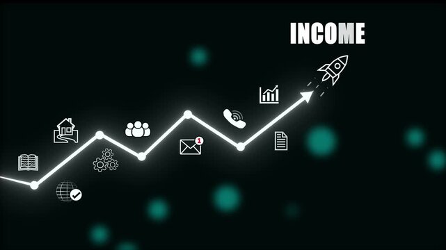 Business growth chart with icons representing home, people, gears, book, globe, email, and phone graph