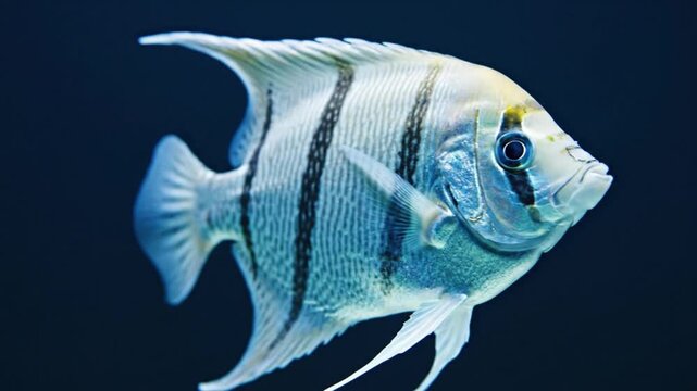 A beautiful angelfish with distinctive black stripes and flowing fins gracefully swims in dark blue water.