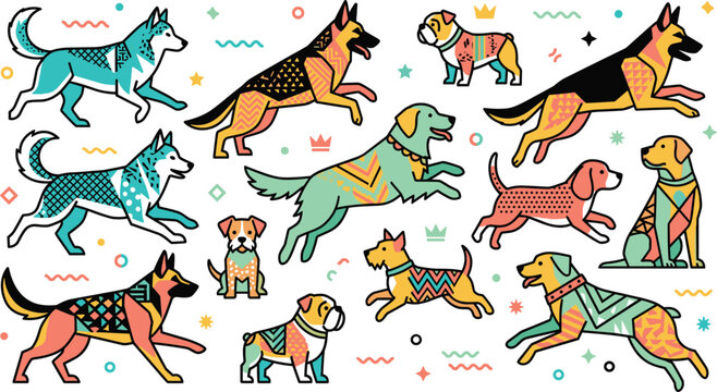Modern Geometric Dog Breed Illustration Set Featuring Colorful Patterned Canine Characters Including German Shepherd Golden Retriever And Husky Vector