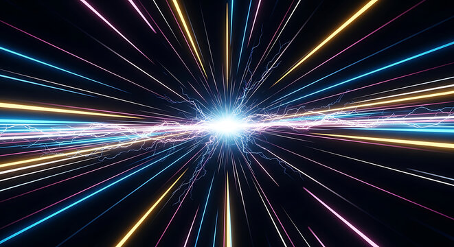 Speed perspective effect featuring vibrant radial light lines and dynamic motion on a fast-paced neon background, representing energetic movement, velocity, and futuristic digital trails.