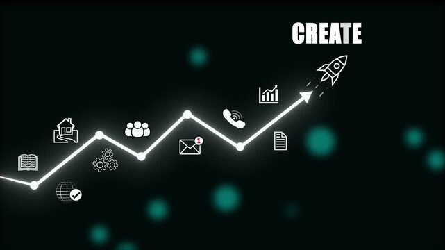 Business growth chart with icons representing home, people, gears, book, globe, email, and phone graph