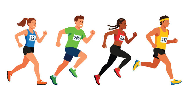 Four athletes energetically running a race displaying determination and speed