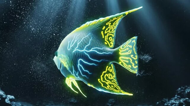 A bioluminescent angelfish with glowing blue and yellow patterns swimming in dark water.