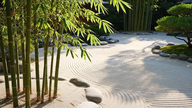 A serene Japanese zen garden with raked sand, smooth stepping stones, and vibrant green bamboo stalks under soft sunlight.