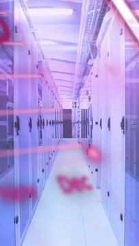 Vertical video: Server aisle staying central as data burst starting pink bars sliding showing load