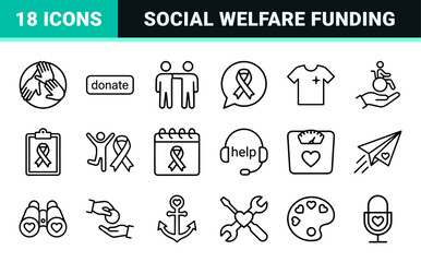 Fototapeta premium Charity and Humanitarian Aid Minimalist Monoline Icon Set Featuring Geometric Line Art for Community Support and Social Welfare Projects.