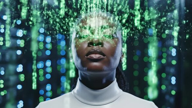 Woman experiencing digital overload as green code streams over her face in server room. Cybersecurity concept with AI integration visual, technological stress representation for