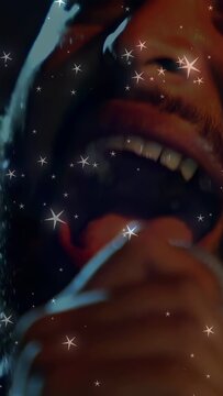 Vertical video: Singer inhaling and bringing mic close, singing music with star overlay across face