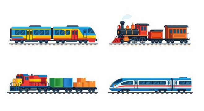 Colorful illustration depicting a variety of trains steam passenger freight and modern