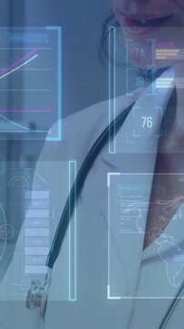 Vertical video: Hand appearing doc revealing face with steth while AR charts showing medical data