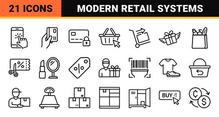 Fototapeta premium E-commerce and Retail Logistics Outline Icons featuring Minimalist Monoline Geometric Art for Digital Marketplace and Supply Chain.