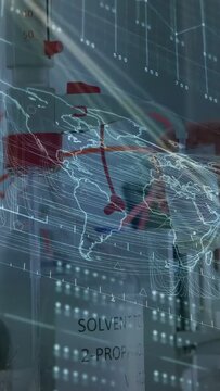 Vertical video: Sr lab tech adjusting clamp and activating pump routing solvent under map overlay