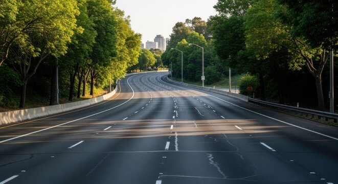 Serene Highway Vista with Lush Greenery and Distant Cityscape