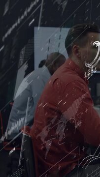 Man in red shirt responding to tech data prompt animated map dots, charts traveling over subjects