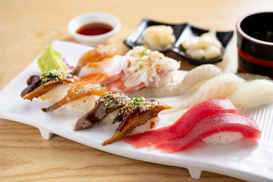 Different types of sushi on a plate