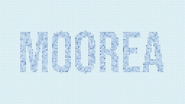 Moorea dotted map animation. Digital style shape of the island. Moorea shape and title blue dots appear with flickering effect. French Polynesia. Modern Intro, outro, title, logo video.