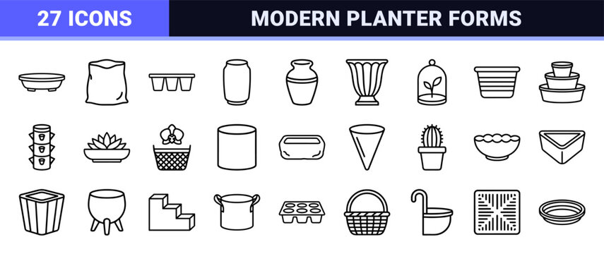 Horticultural Container and Garden Pot Line Art: Minimalist Monoline Symbols for Commercial Landscaping and Botanical Database Design.