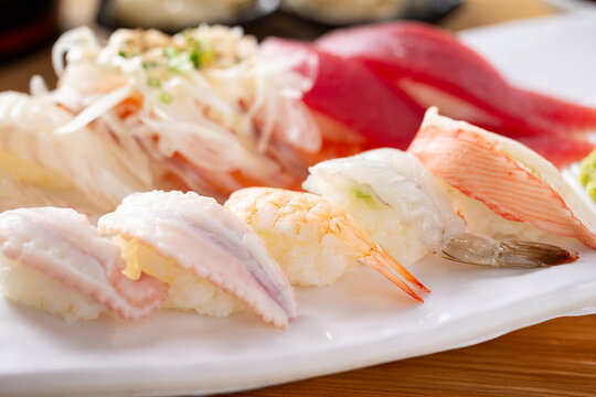 Different types of sushi on a plate